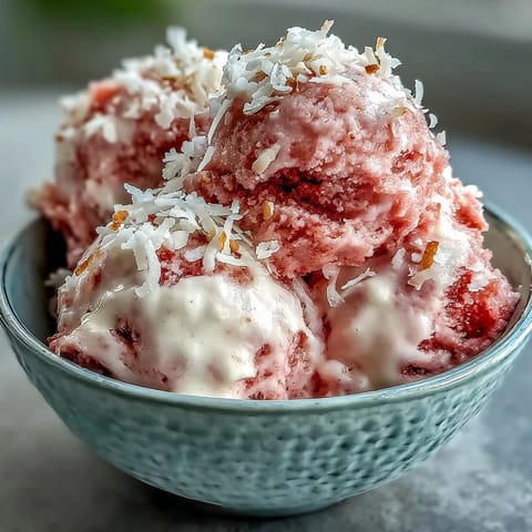 Watermelon Coconut Hand-Churned Ice Cream, a vibrant frozen treat ready to scoop.