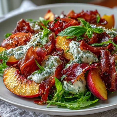 Creamy burrata and sweet peaches star in this easy Peach Burrata Prosciutto Salad recipe.
