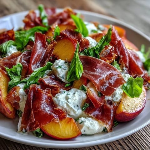 Juicy sliced peaches, melted burrata, and salty prosciutto on a bed of greens.
