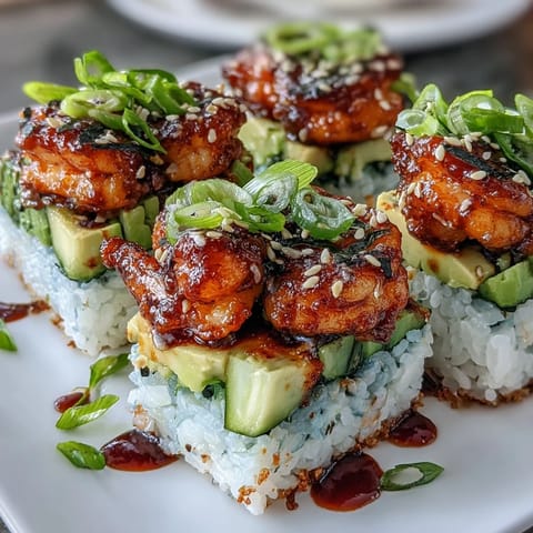 Colorful Spicy Shrimp Sushi Stack with creamy avocado and vibrant cucumber.