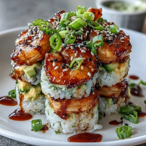 Deconstructed Spicy Shrimp Sushi Stack layered with seasoned rice and zesty shrimp.