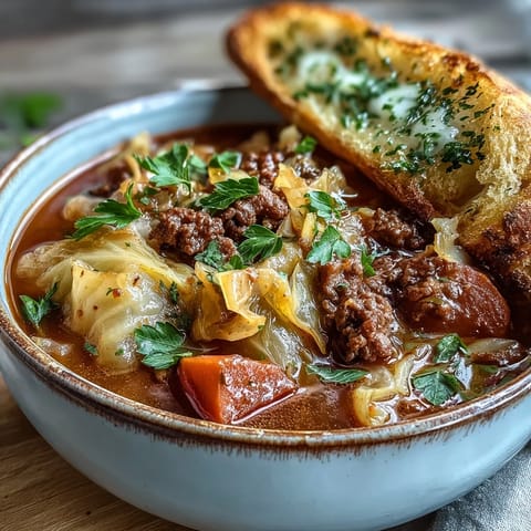 Comforting cabbage roll soup, bursting with savory flavors and fresh garlic toast.