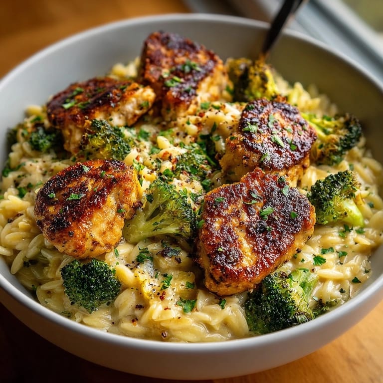 Close-up of Lemon Pepper Chicken & Broccoli Orzo Skillet; smelling fragrant, ready to serve.