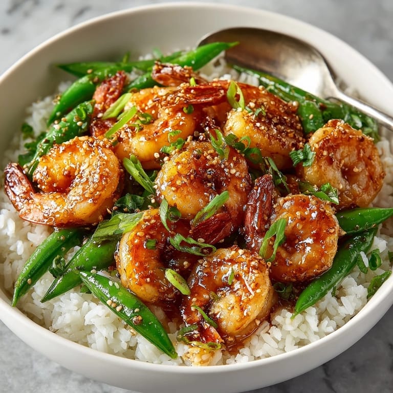 Honey Garlic Shrimp Bowls: A close-up shows glistening shrimp over fluffy rice and bright veggies.
