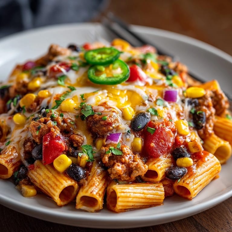 Close-up of flavorful Turkey Taco Pasta Skillet showcasing tender pasta, browned meat, and melted cheese.