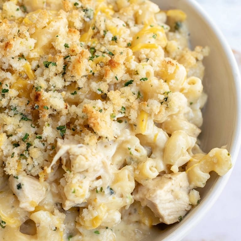 Close-up on a cheesy, comforting slice of homemade &quot;Mac and Cheese Chicken Alfredo Bake&quot;.