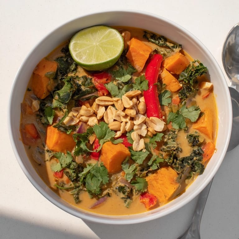 Close-up of a spoon lifting a rich, flavorful bite of Thai Peanut Kale Stew.
