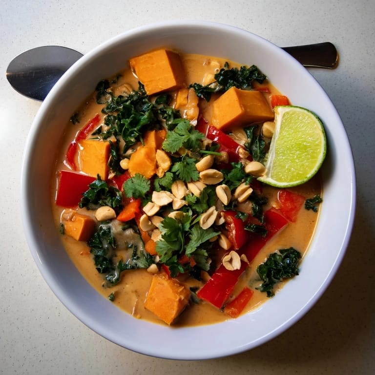 Hearty bowl of Thai Peanut Kale Veggie Stew garnished with peanuts, ready to enjoy.