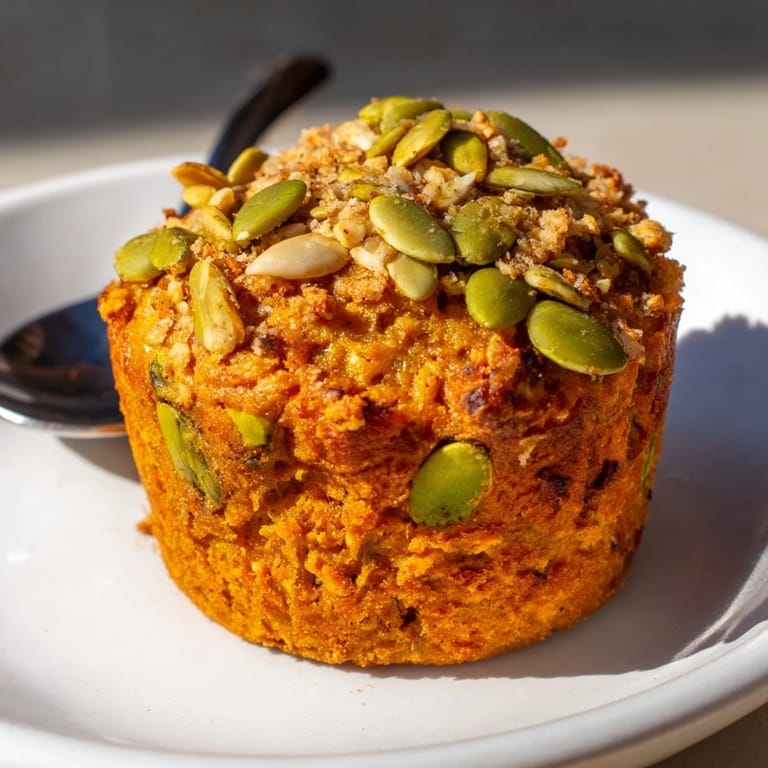 Warm pumpkin muffins with edamame bites and a savory seed crust.  