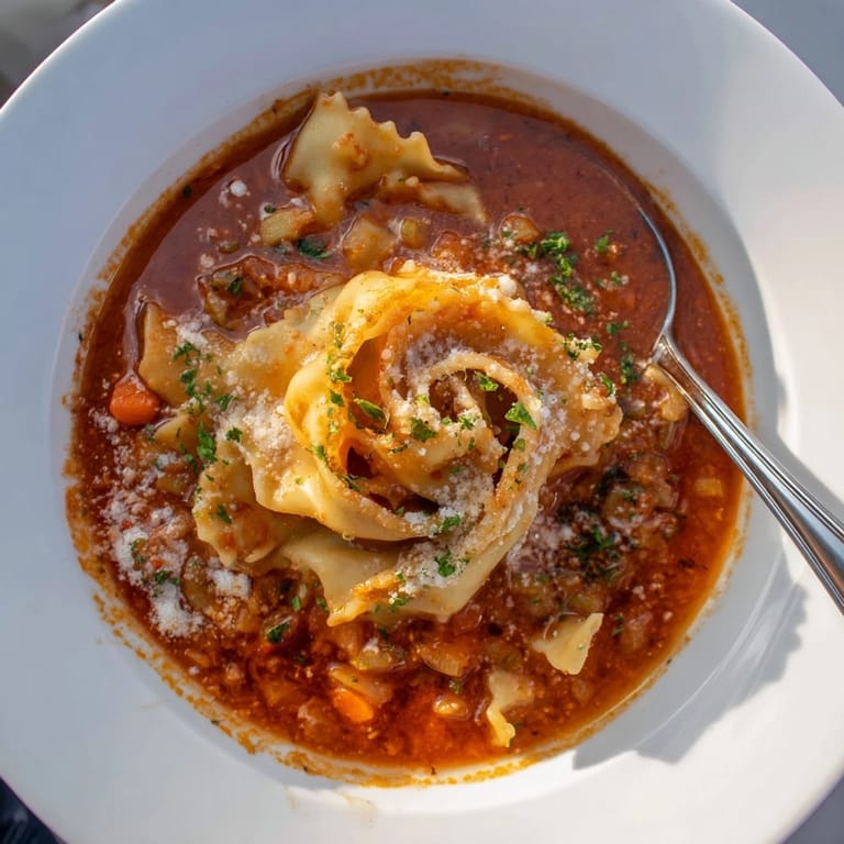 Comforting lasagne soup featuring tender noodles and a caramelized onion topping.  