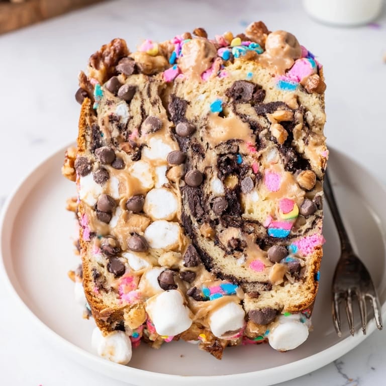 Freshly baked Chaos Cake Monster Muffin Loaf with a gooey peanut butter swirl inside.  