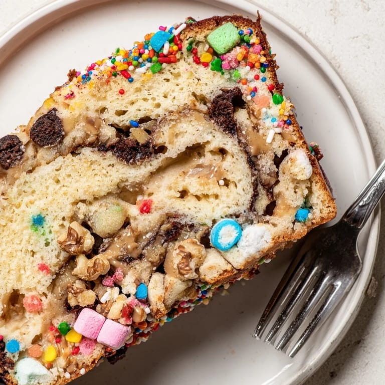 Slice of Chaos Cake Monster Muffin Loaf showcasing rich chocolate and whimsical sprinkles.