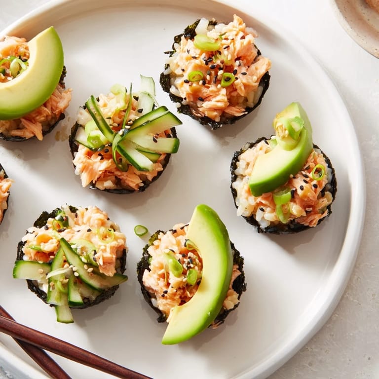 Delightful Muffin Tin Sushi Cups, crispy nori filled with fresh ingredients and umami.  