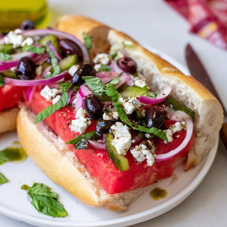 Mediterranean-inspired watermelon sandwich, combining feta, olives, and aromatic herbs for freshness.