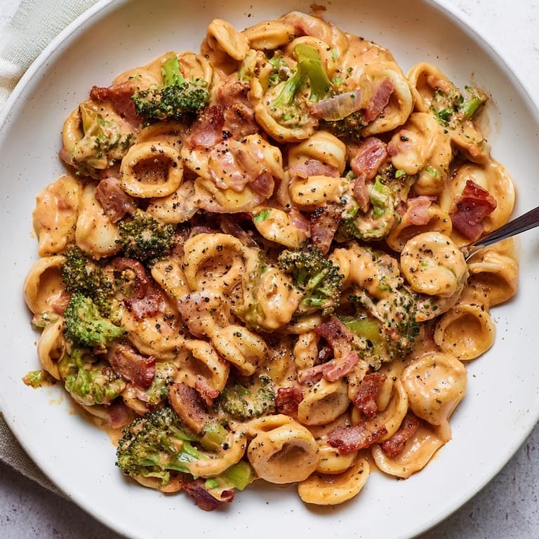 Flavorful Spicy Bacon Broccoli Orecchiette pasta dish with crispy bacon and creamy sauce.