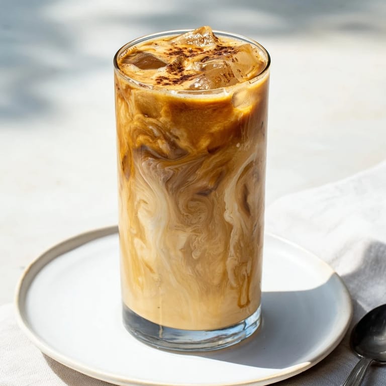 Rich tahini iced coffee garnished with cocoa powder, perfect for warm days.  