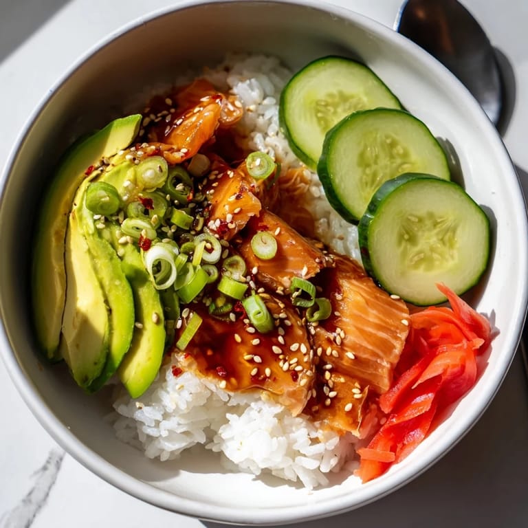 Delicious leftover salmon & rice bowl topped with fresh veggies and sesame seeds.  
