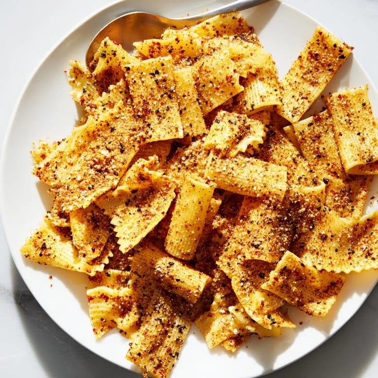 Golden brown pasta chips tossed in oregano and Parmesan, great for any gathering.