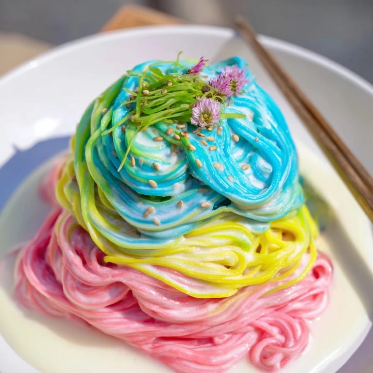 Colorful Neon Noodle Cloud dish topped with scallions and edible flowers, delightful and whimsical.  