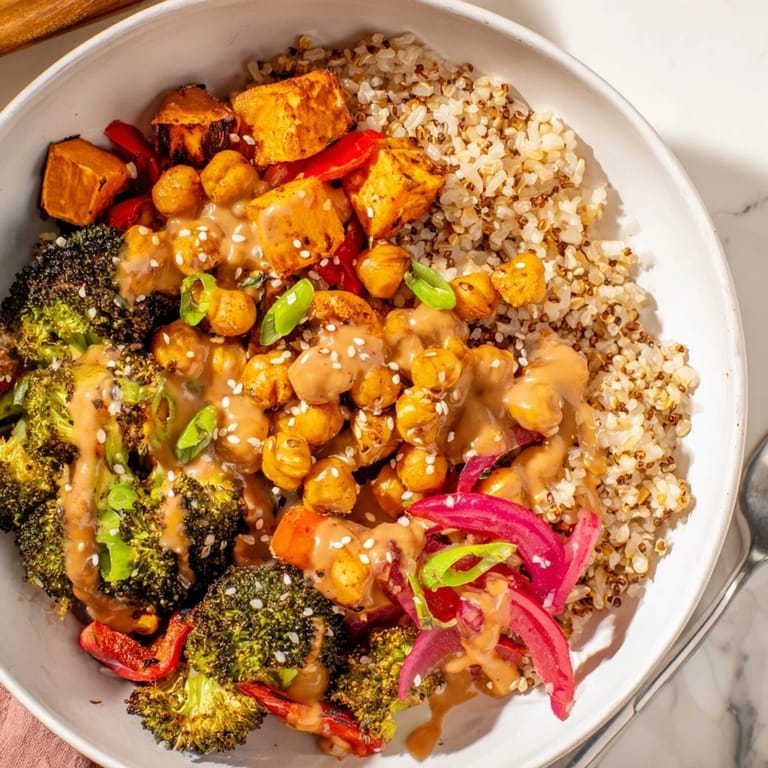 Delicious Bold Sauce Drizzle Bowls topped with crispy chickpeas and gochujang-maple drizzle.  