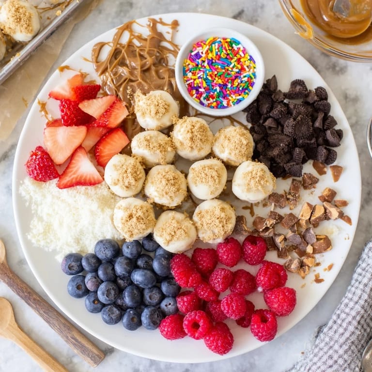 Decadent cheesecake bites arranged beautifully with colorful fruits and rich toppings, perfect for sharing.  