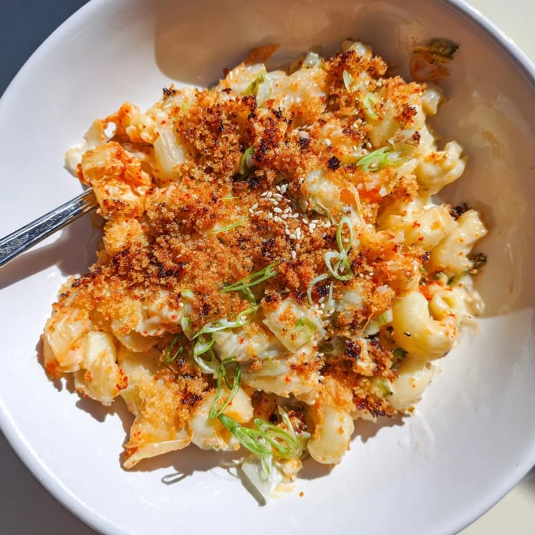 Vibrant Spicy Kimchi Mac & Cheese, a cheesy delight with bold flavors and textures.  