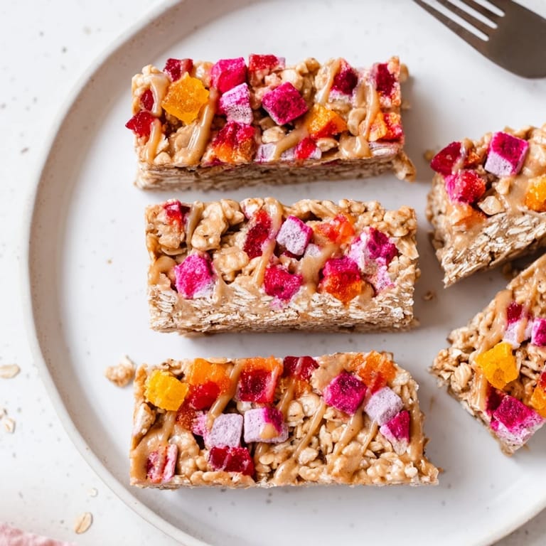 Colorful homemade gummies on a flavorful oat base create delightful DIY snack bars.