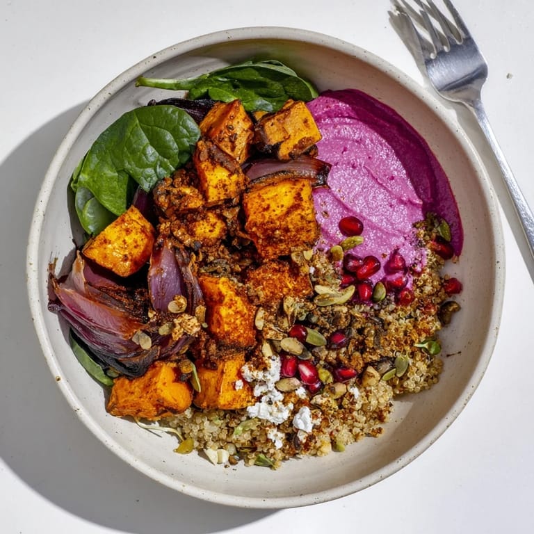 Vibrant spiced winter bowls topped with pistachio crumble and fresh pomegranate seeds.
