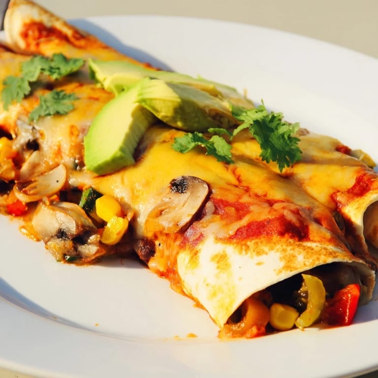 Colorful seasonal vegetables stuffed inside warm tortillas, ready for serving in enchilada sauce.  