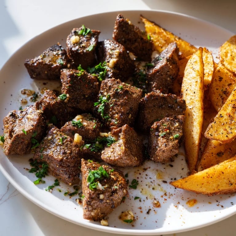 Delicious Blackened Cajun Steak Bites, sizzling in a pan, accompanied by crispy, seasoned french fries, ready to eat.