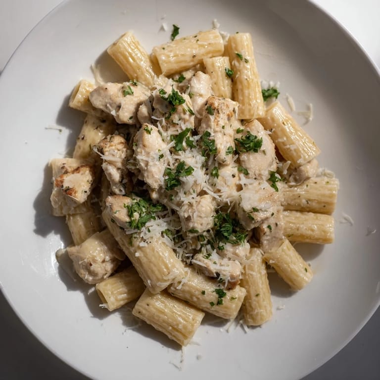 Imagine the aroma: perfectly sauced Creamy Garlic Parmesan Chicken Rigatoni, garnished with fresh parsley.