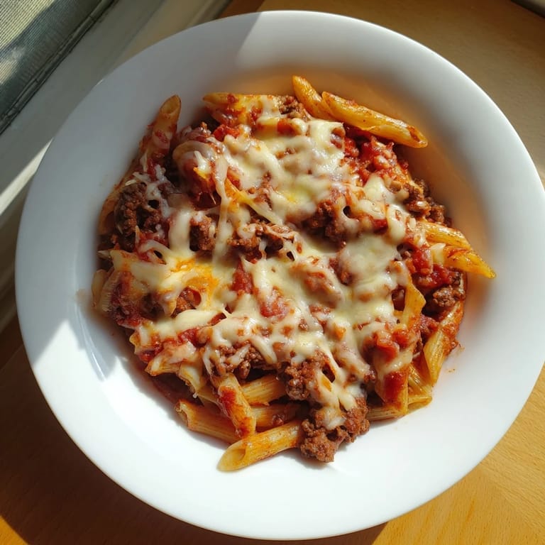 Enjoy a satisfying serving of this homemade Cheesy Beef & Penne Bake, perfect for a cozy weeknight meal.