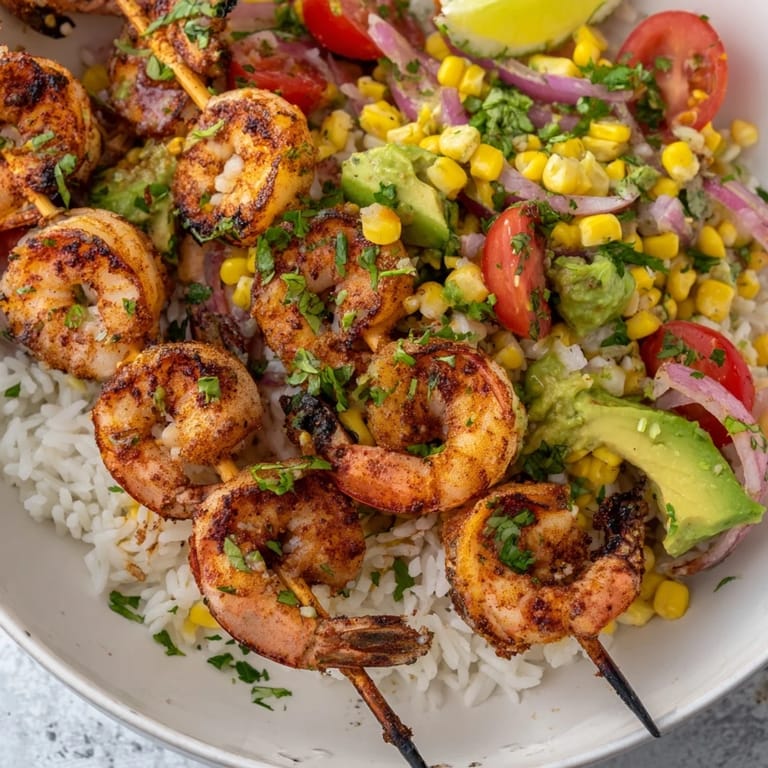 Vibrant image of an easy grilled shrimp bowl, brimming with juicy shrimp and a creamy avocado corn salsa.