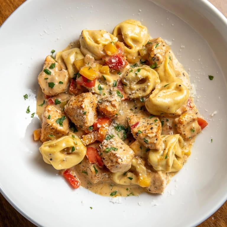 A steaming bowl of Zesty Cajun Garlic Parmesan Chicken Tortellini, with visible chicken and tortellini bathed in sauce.