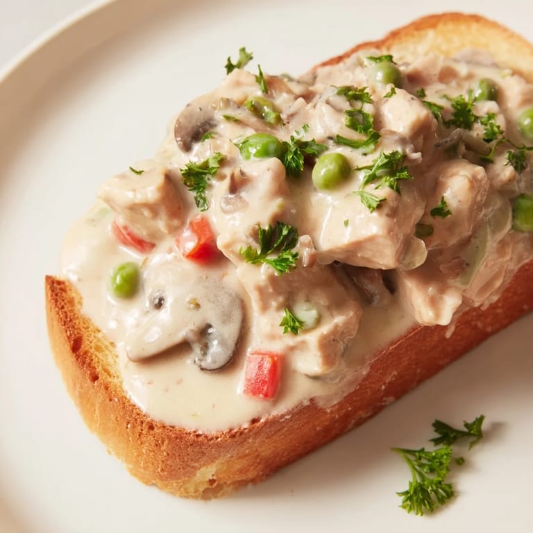 This photo shows a hot chicken à la king, a classic comfort food served perfectly over toasted bread.