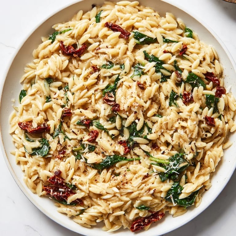 Fragrant Creamy Tuscan Orzo Bowl, simmered in a creamy sauce, perfect for a cozy dinner.