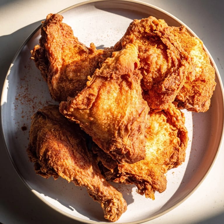 A visually appealing close-up of perfectly cooked Southern fried chicken and soft buttermilk biscuits, ready to eat.