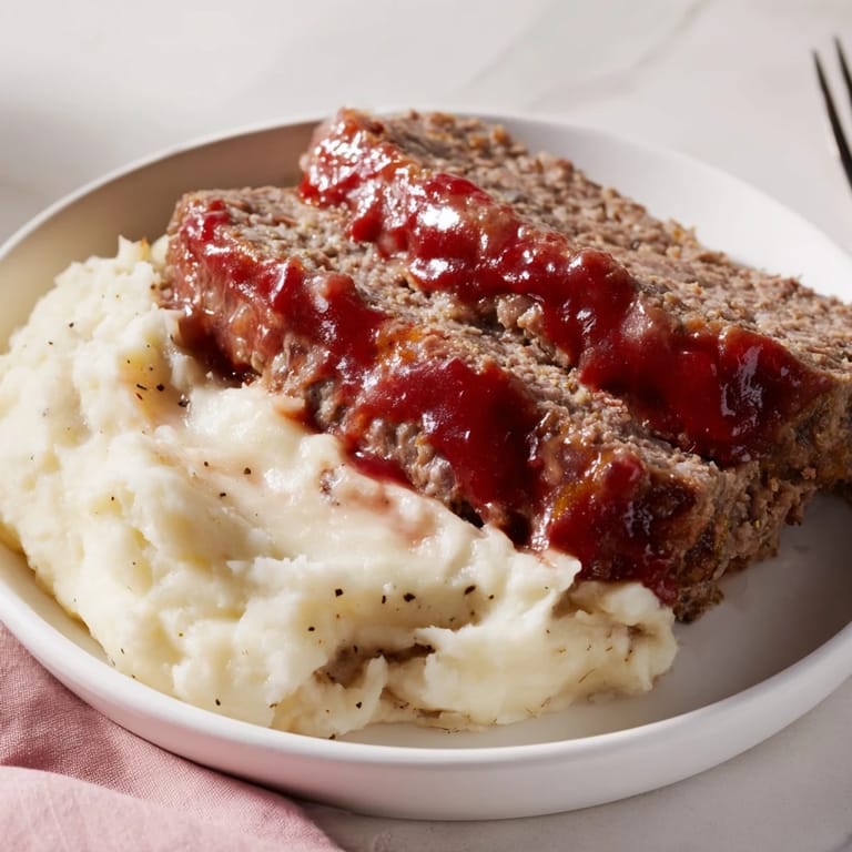Homemade Classic Meatloaf & Mashed Potatoes, a hearty meal with tender meatloaf and creamy potatoes.
