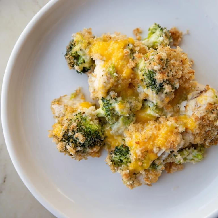 This creamy Cheddar Broccoli Chicken Bake shows tender chicken pieces and vibrant green broccoli under a golden crust.