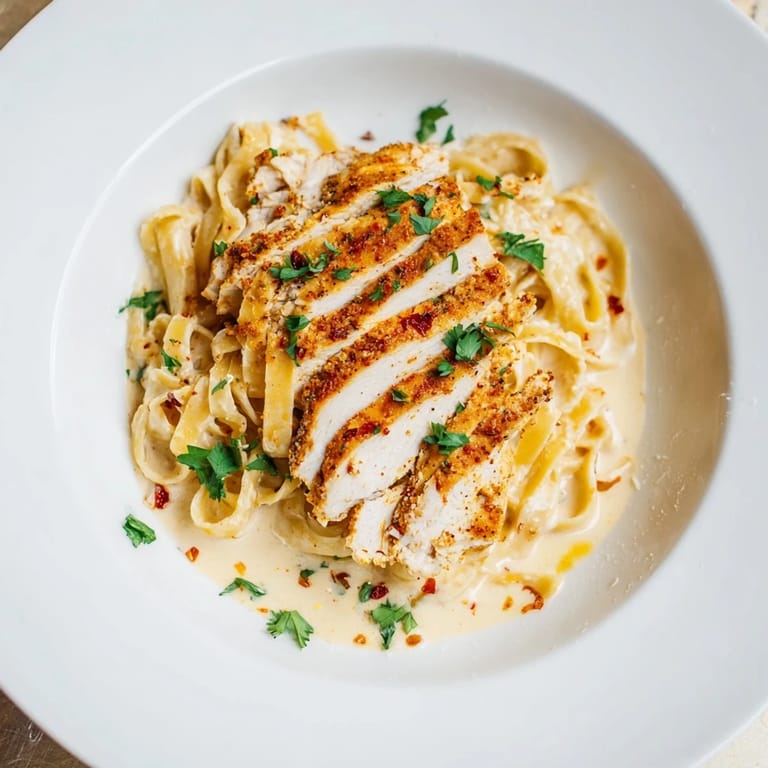 Close-up image of flavorful Spicy Cajun Chicken Alfredo with vibrant parsley garnish, a delicious meal.