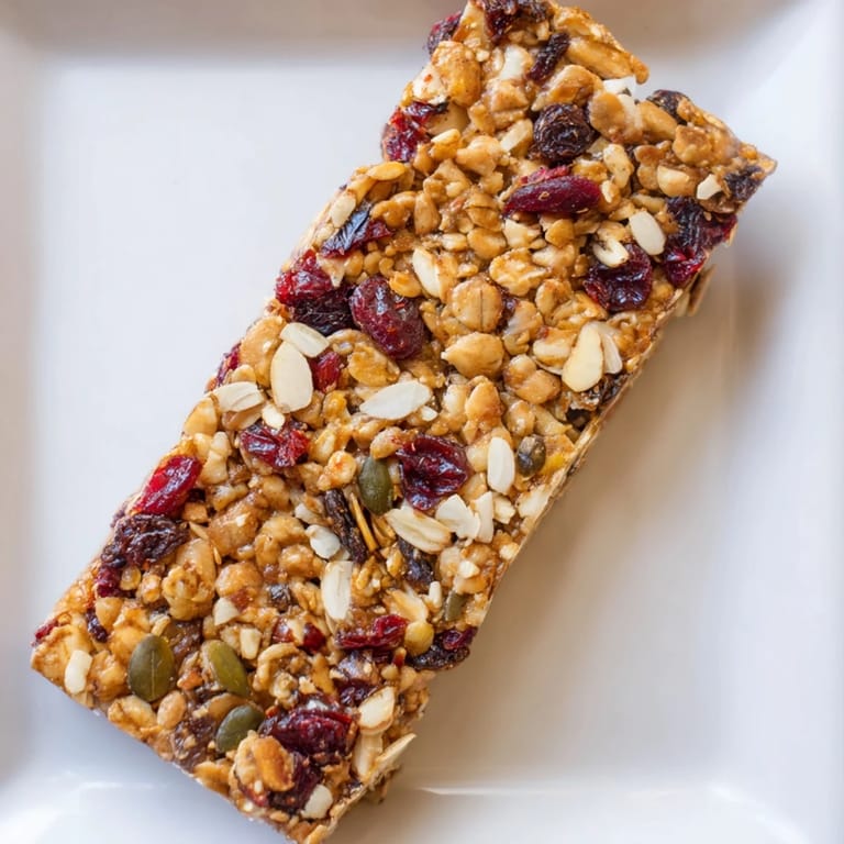 Freshly baked, chewy squares of Roasted Pumpkin Seed & Cranberry Granola Bars, perfect for breakfast.