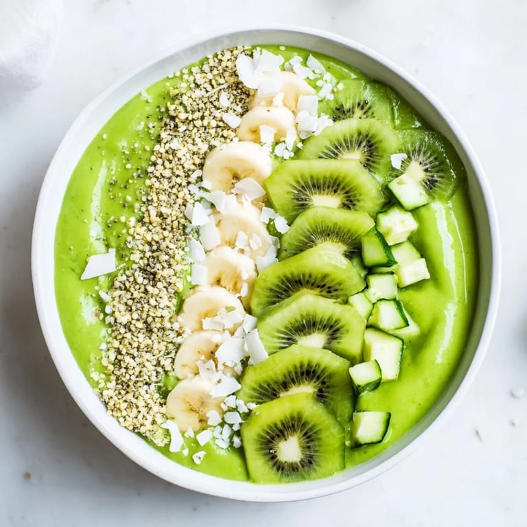 Vibrant Green Smoothie Bowl, a nutritious breakfast showcasing kale, cucumber, and kiwi after blending.