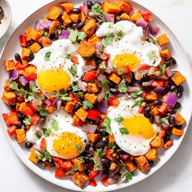 Golden-brown Sweet Potato & Black Bean Breakfast Hash: a vibrant, flavorful vegetarian skillet meal.