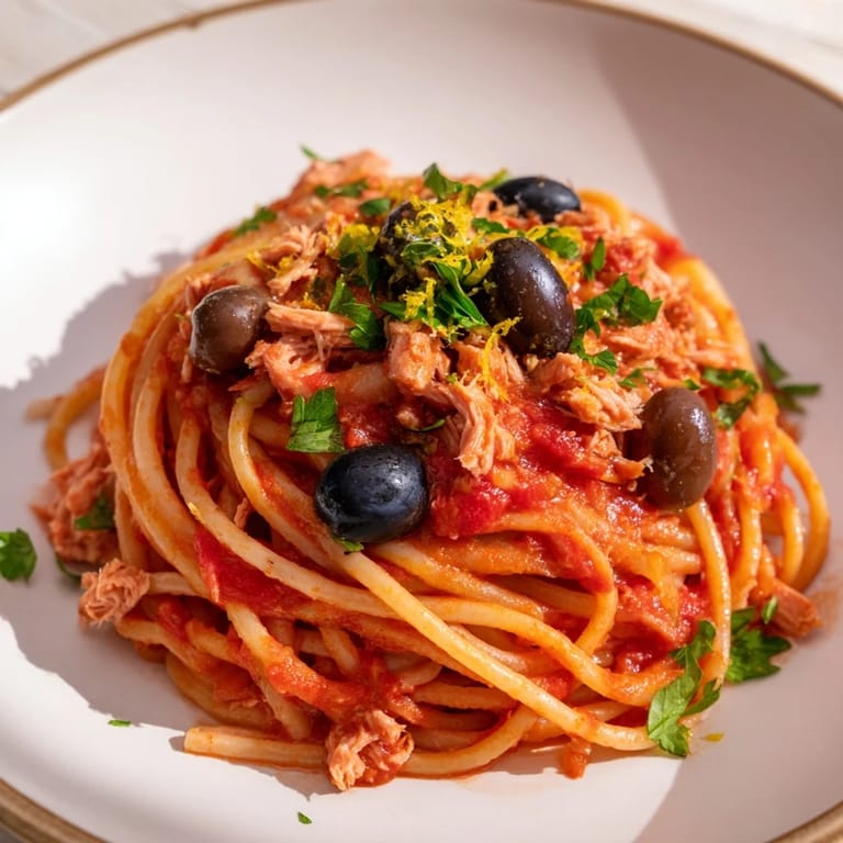 Pasta with Tuna, Olives & Capers: Warm, savory sauce coats the pasta, garnished with fresh parsley.