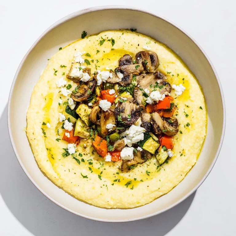 A steaming bowl of comforting Cornmeal Mush Polenta Bowls, topped with fried eggs and fresh herbs.