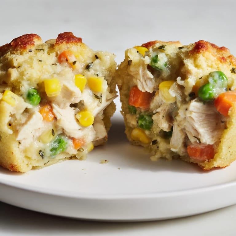 Fluffy Mini Chicken Pot Pie Cornbread Muffins, each bite offering chicken filling inside the cornbread.