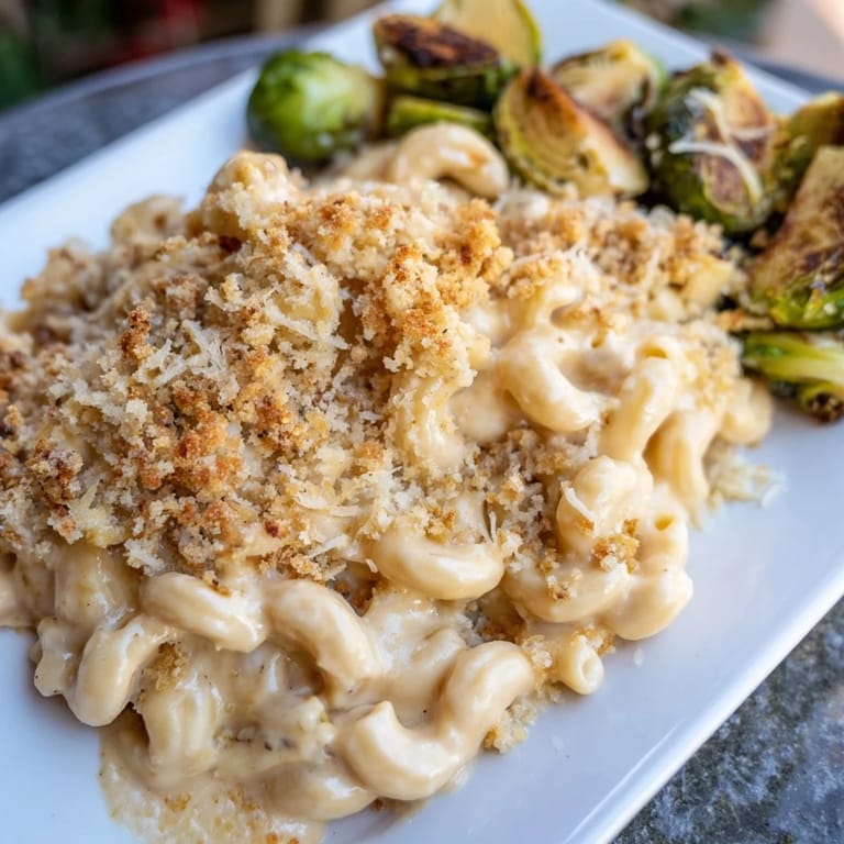 Warm, cheesy sheet pan mac and cheese with perfectly roasted Brussels sprouts on a baking sheet.