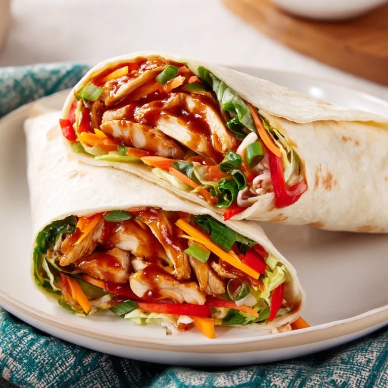 Close-up of a flavorful teriyaki chicken wrap, showcasing its layered textures and vibrant fillings.