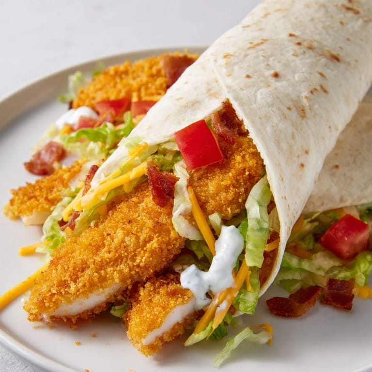 Warm tortilla filled with our irresistible crispy chicken bacon ranch wrap, served cut in half.