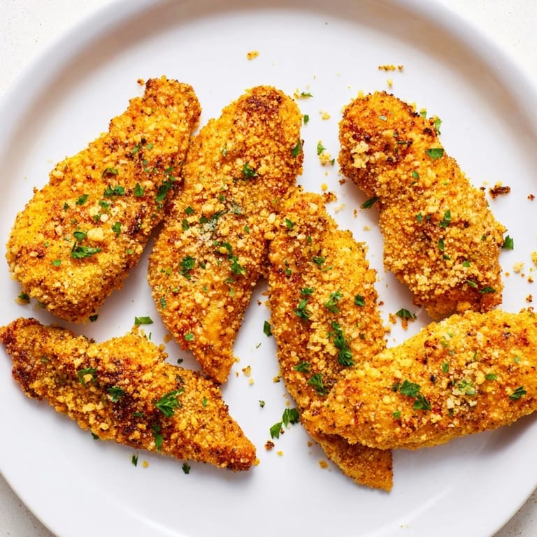 These perfectly air fried festive chicken tenders offer a delicious crunch and savory, seasoned coating.